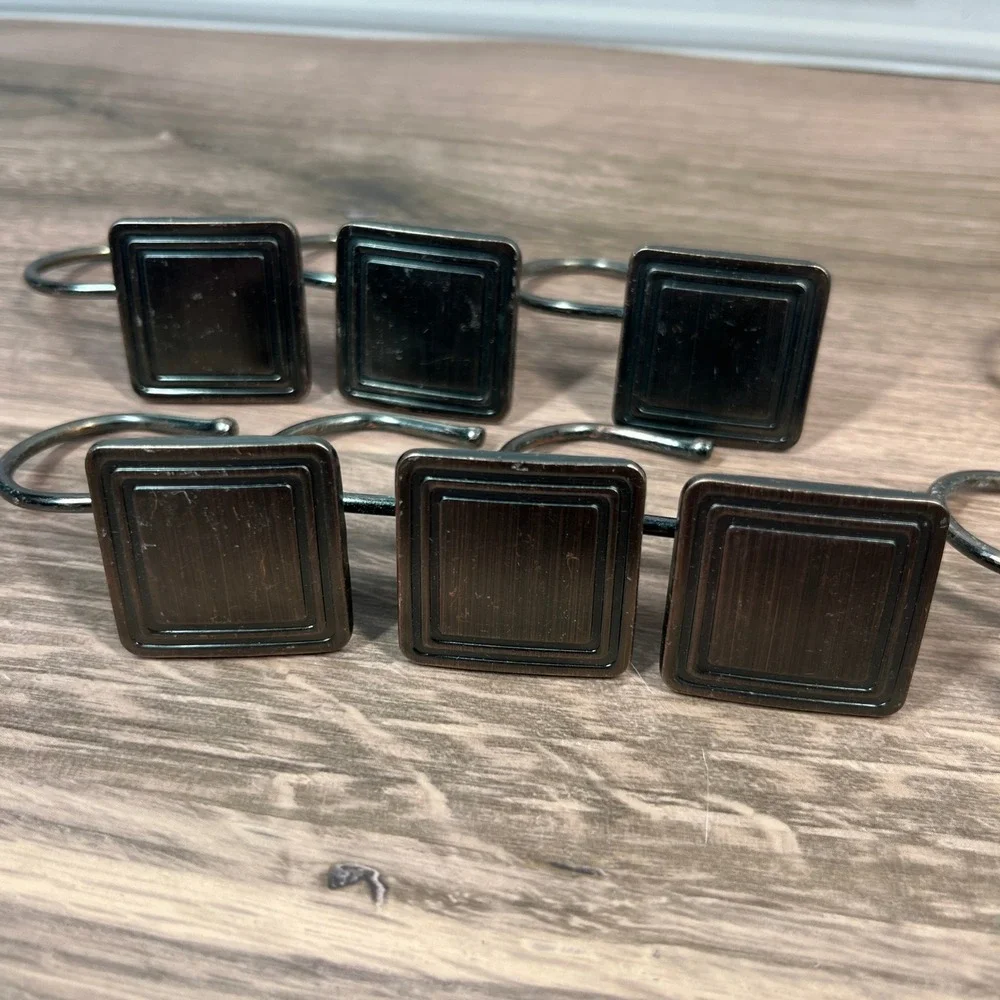 Shower Curtain Hooks Metal Bronze Square Geometric Modern Industrial Set of 12